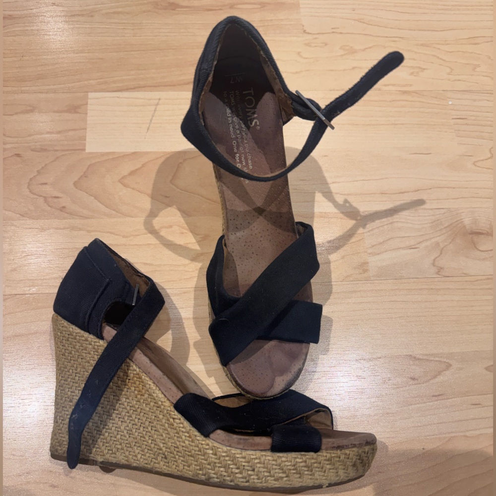 TOMS Black and Tan Wedge Sandals